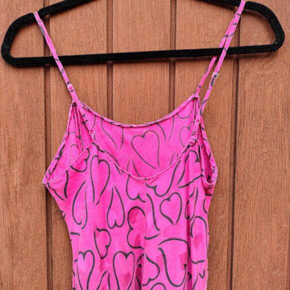 LAURA LEIGH | Silk Y2k Hot Pink Heart Print Spaghetti Strap Slip Slit Dress M - Picture 10 of 14
